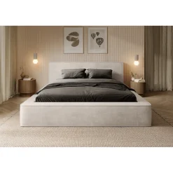 Lit coffre VELORA Perle 160x200 cm Tissu velours doux Sommier relevable Rangement intégré>Meublorama Online
