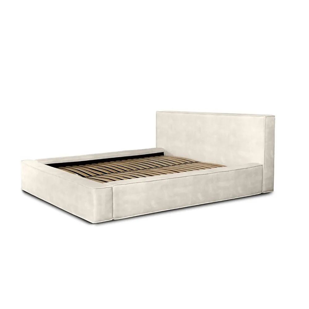 Lit coffre VELORA Perle 180x200 cm Tissu velours doux Sommier relevable Rangement intégré>Meublorama Hot