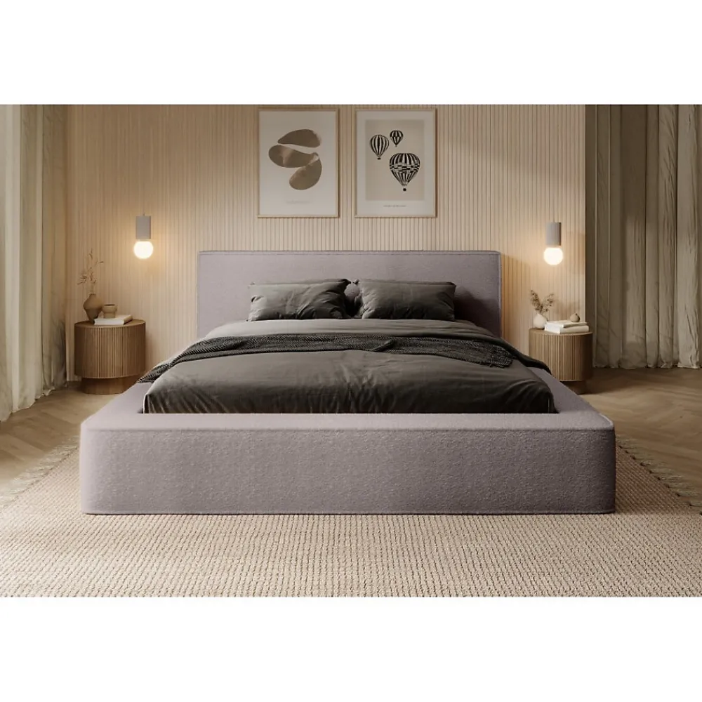 Lit coffre VELORA Taupe rosé bouclé 180x200 cm Tissu velours doux Sommier relevable Rangement intégré>Meublorama Hot
