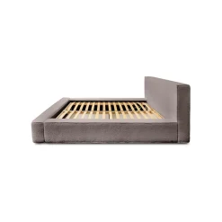 Lit coffre VELORA Taupe rosé bouclé 180x200 cm Tissu velours doux Sommier relevable Rangement intégré><noscript><img width=