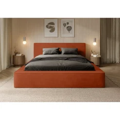 Meublorama Lit coffre VELORA Terracotta 160x200 cm Tissu velours doux Sommier relevable Rangement intégré* Lit Double