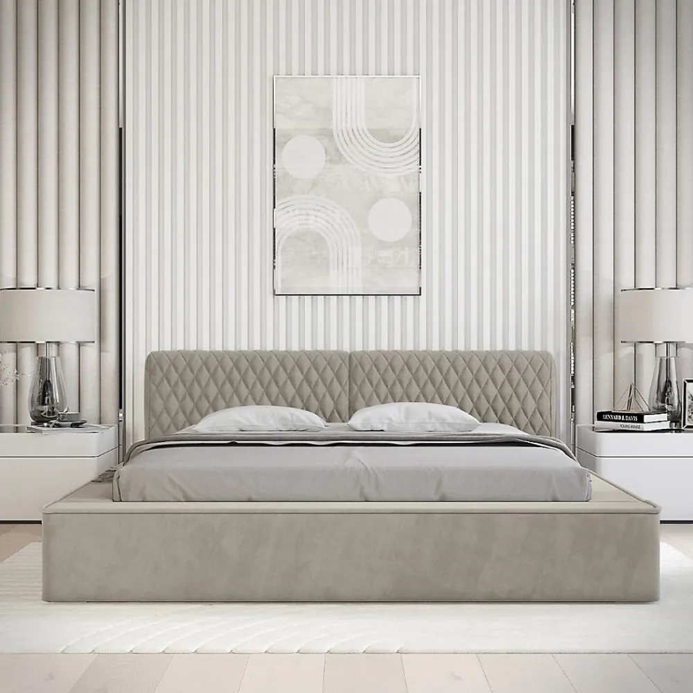 Meublorama Lit coffre VERNON Tissu chenille bouclé Taupe fumé 160x200 cm Sommier relevable Design haut de gamme* Lit Double