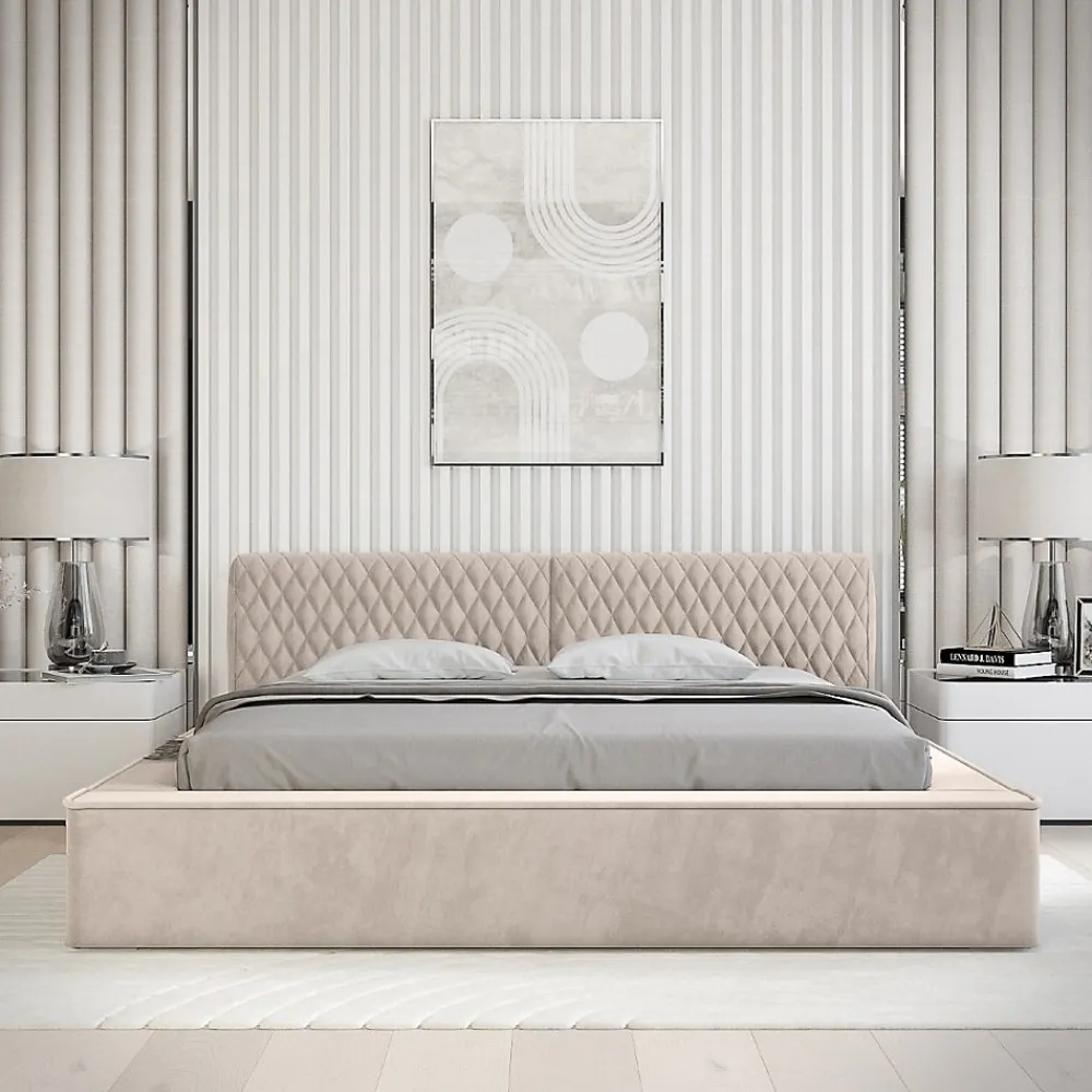 Lit coffre VERNON Tissu chenille bouclé Sable rosé 140x200 cm Sommier relevable Design haut de gamme>Meublorama Discount