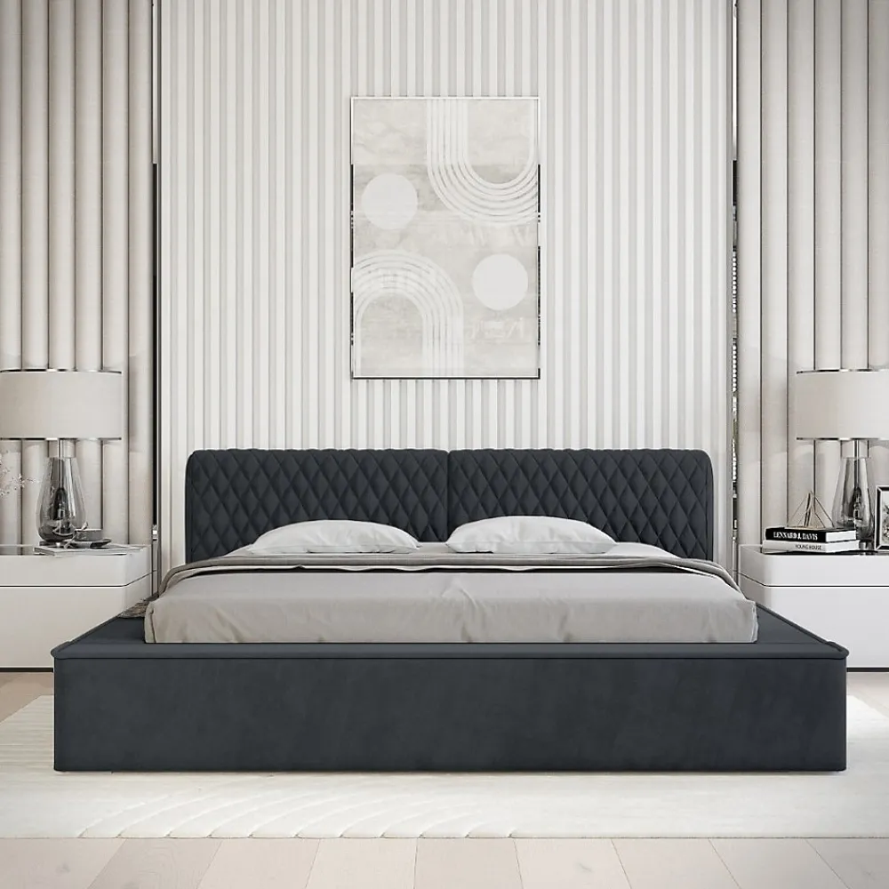 Lit coffre VERNON Tissu chenille bouclé Charbon bleu 180x200 cm Sommier relevable Design haut de gamme>Meublorama Sale