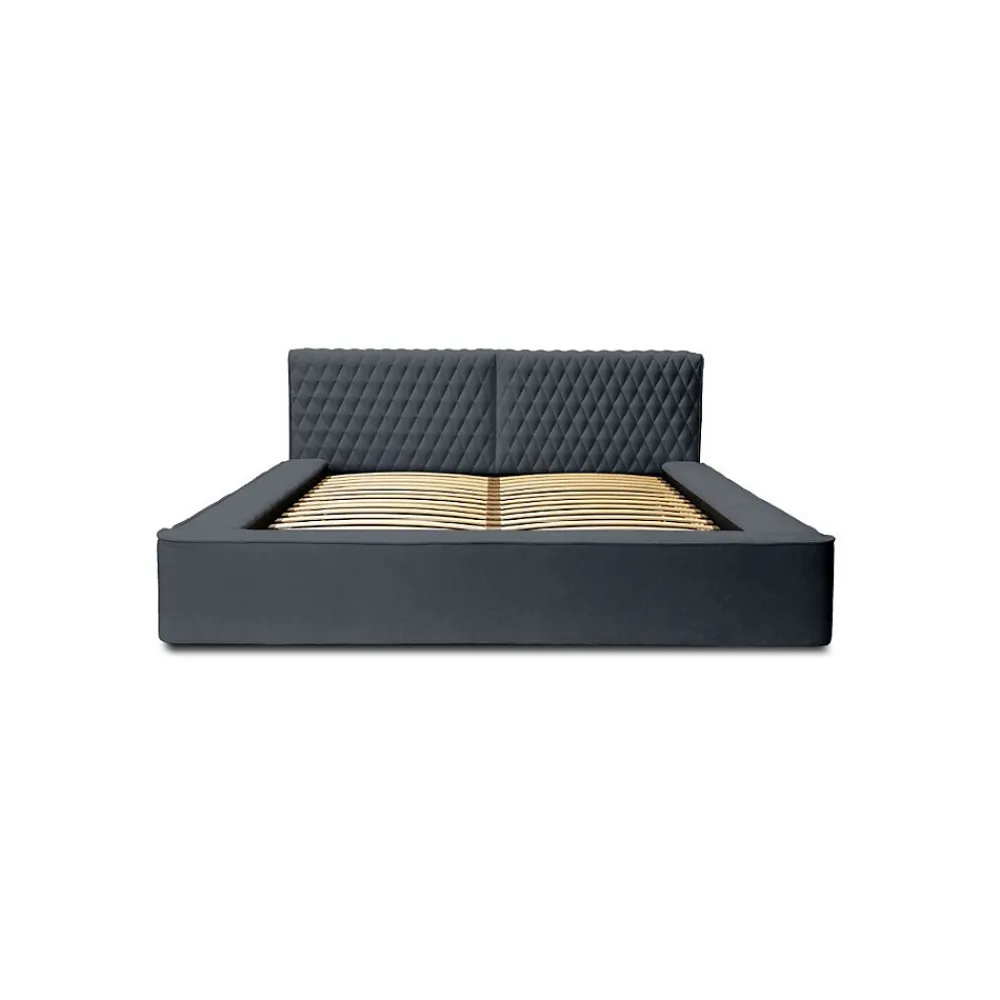 Lit coffre VERNON Tissu chenille bouclé Charbon bleu 180x200 cm Sommier relevable Design haut de gamme>Meublorama Sale