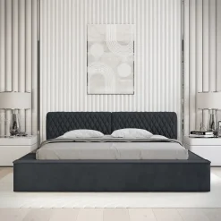 Meublorama Lit coffre VERNON Tissu chenille bouclé Charbon bleu 160x200 cm Sommier relevable Design haut de gamme* Lit Double