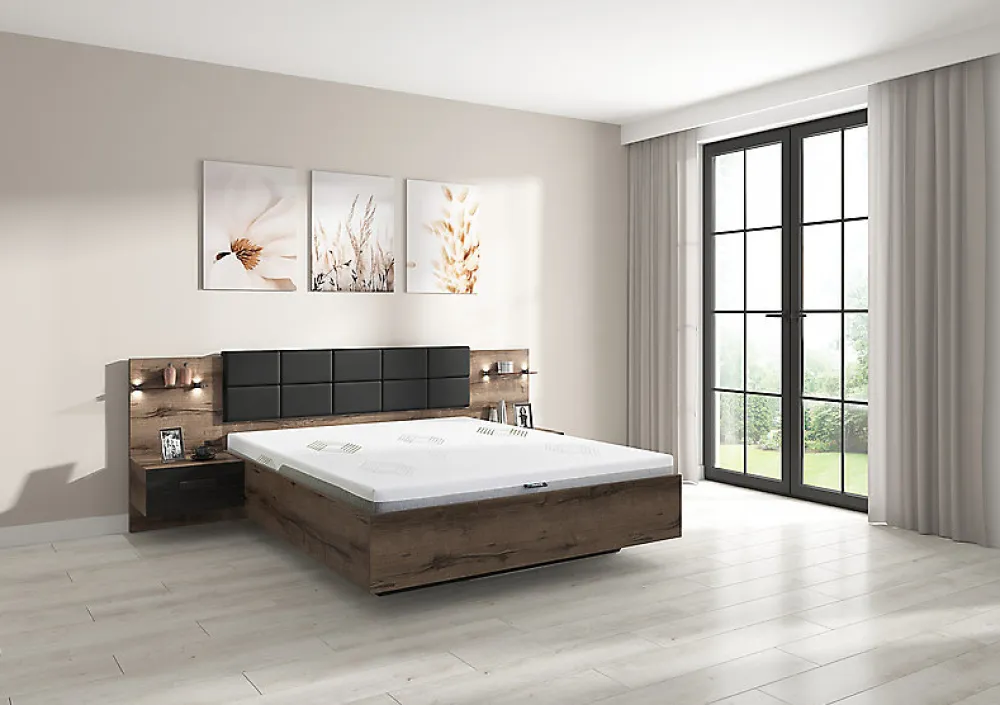 Lit coffre 160x200 + 2 tables de chevet éclairage LED avec sommier et rangement coloris Chêne marron foncé/Chêne noir>Pegane Clearance