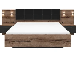Lit coffre 160x200 + 2 tables de chevet éclairage LED avec sommier et rangement coloris Chêne marron foncé/Chêne noir><noscript><img width=
