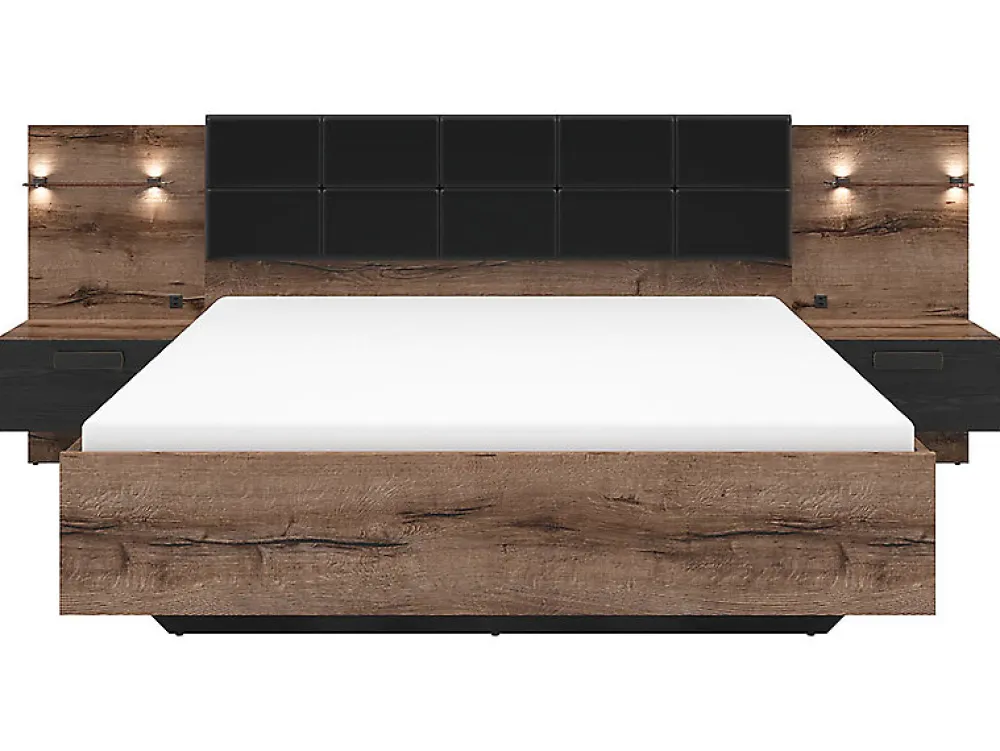 Lit coffre 160x200 + 2 tables de chevet éclairage LED avec sommier et rangement coloris Chêne marron foncé/Chêne noir>Pegane Clearance