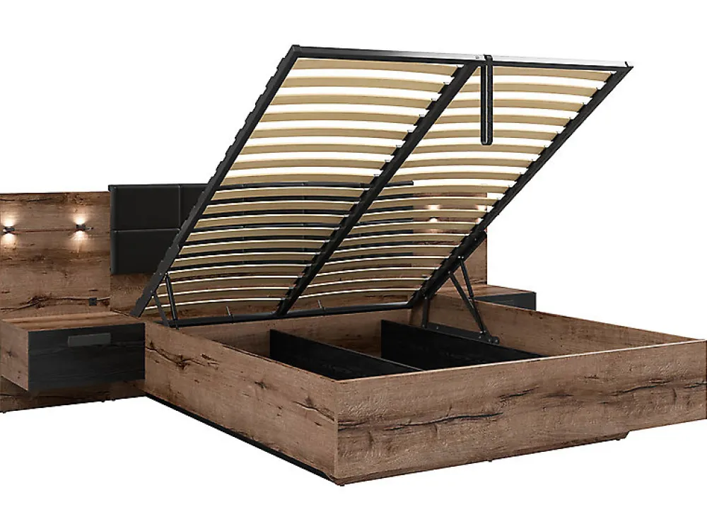 Lit coffre 160x200 + 2 tables de chevet éclairage LED avec sommier et rangement coloris Chêne marron foncé/Chêne noir>Pegane Clearance