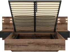 Lit coffre 160x200 + 2 tables de chevet éclairage LED avec sommier et rangement coloris Chêne marron foncé/Chêne noir><noscript><img width=