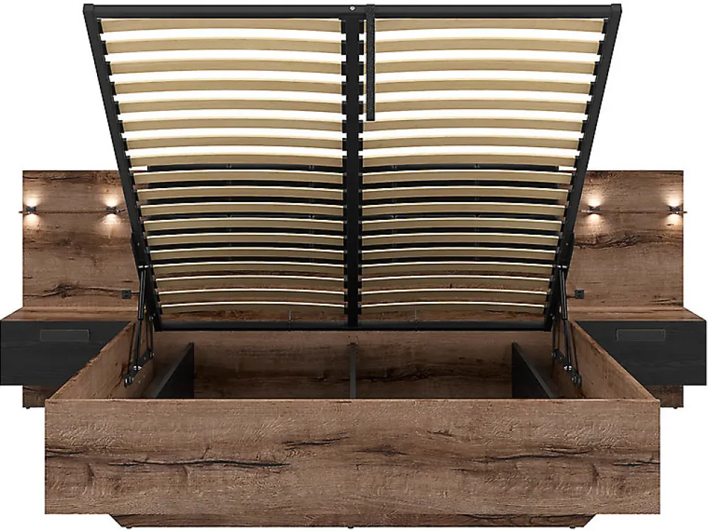 Lit coffre 160x200 + 2 tables de chevet éclairage LED avec sommier et rangement coloris Chêne marron foncé/Chêne noir>Pegane Clearance