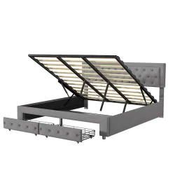 Generique Lit coffre 180x200 avec 2 tiroirs, Lit rembourré avec sommier à lattes, tissu en velours et décoration de boutons, gris* Lit Simple