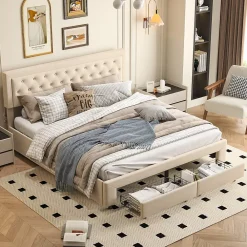 ProximaX Lit coffre 160x200 avec 2 tiroirs, Lit rembourré avec sommier à lattes, tissu en velours et décoration de boutons, beige* Lit Coffre