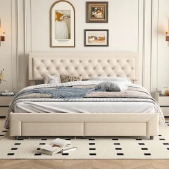 ProximaX Lit coffre 160x200 avec 2 tiroirs, Lit rembourré avec sommier à lattes, tissu en velours et décoration de boutons, beige* Lit Coffre