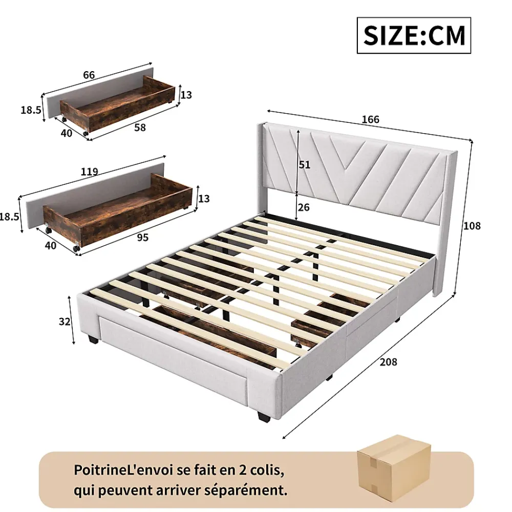 Simple Life Lit coffre 160x200 avec 3 tiroirs, lit tapissé avec sommier à lattes, lit double, beige* Lit Coffre