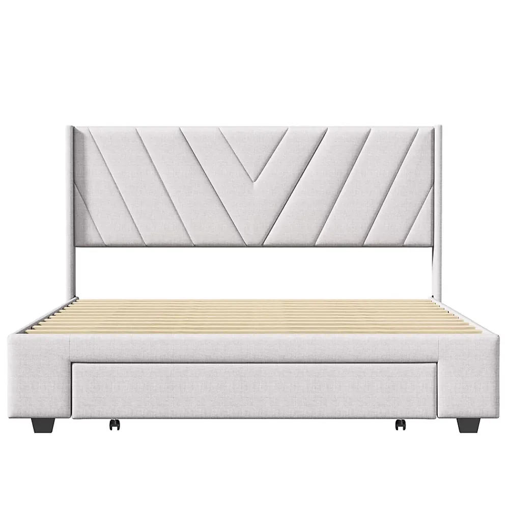 Simple Life Lit coffre 160x200 avec 3 tiroirs, lit tapissé avec sommier à lattes, lit double, beige* Lit Coffre