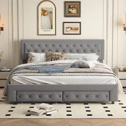 Lit coffre 160x200 avec 2 tiroirs, Lit rembourré avec sommier à lattes, tissu en velours et décoration de boutons, gris>Generique Clearance