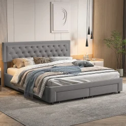 Lit coffre 160x200 avec 2 tiroirs, Lit rembourré avec sommier à lattes, tissu en velours et décoration de boutons, gris><noscript><img width=