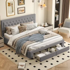 Lit coffre 160x200 avec 2 tiroirs, Lit rembourré avec sommier à lattes, tissu en velours et décoration de boutons, gris><noscript><img width=