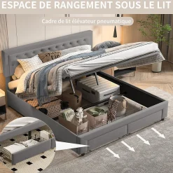 Lit coffre 160x200 avec 2 tiroirs, Lit rembourré avec sommier à lattes, tissu en velours et décoration de boutons, gris><noscript><img width=