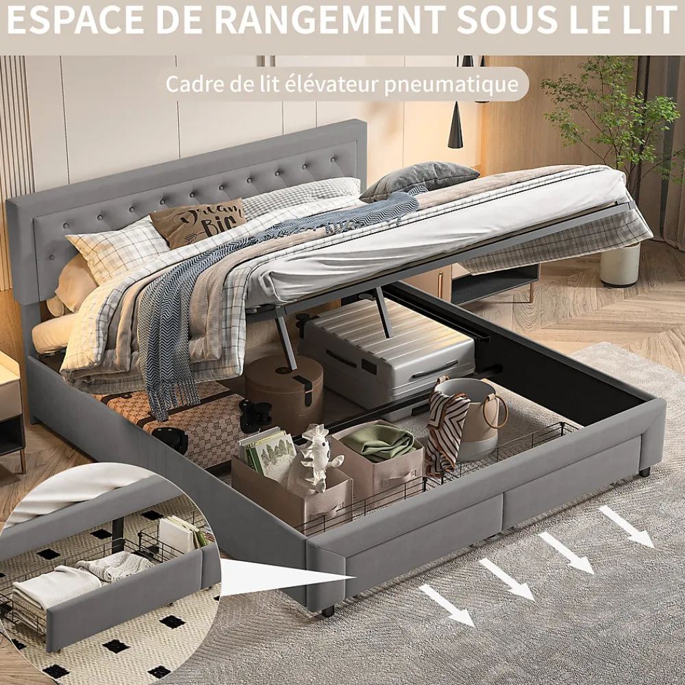 Lit coffre 160x200 avec 2 tiroirs, Lit rembourré avec sommier à lattes, tissu en velours et décoration de boutons, gris>Generique Clearance