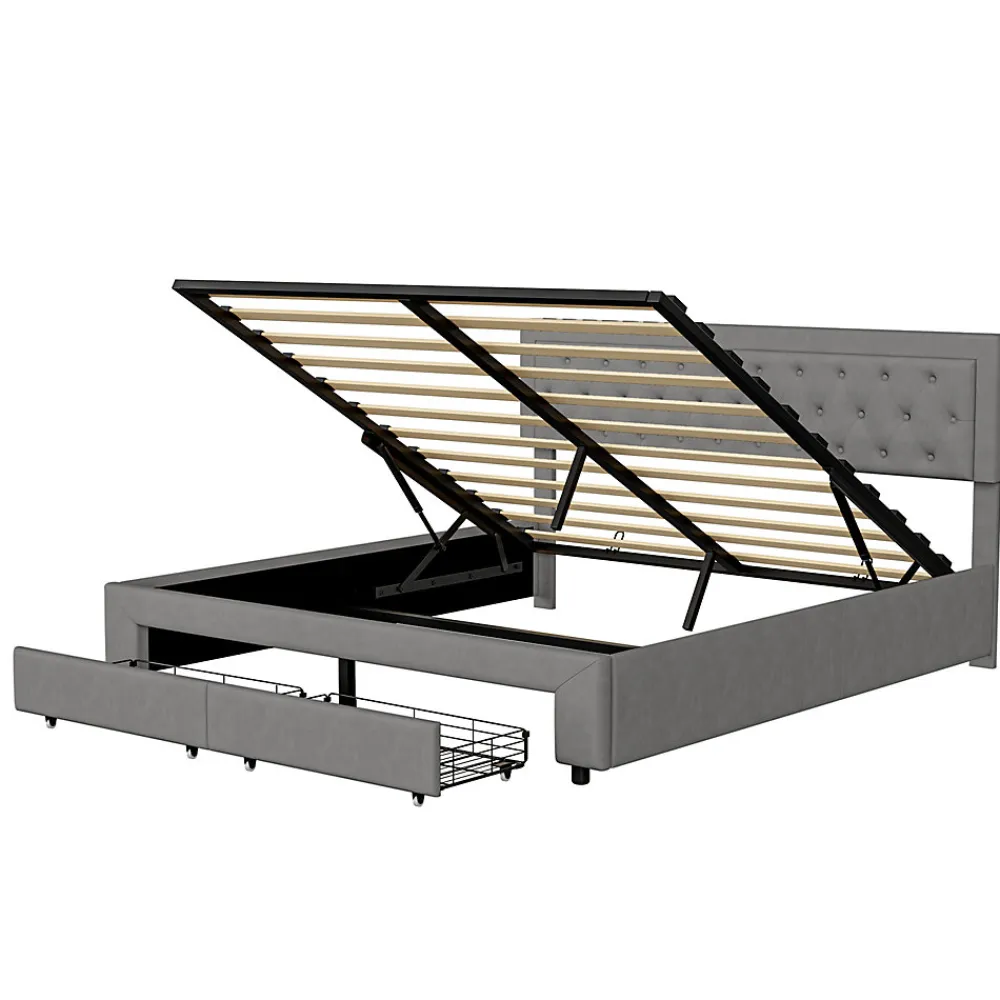 Lit coffre 160x200 avec 2 tiroirs, Lit rembourré avec sommier à lattes, tissu en velours et décoration de boutons, gris>Generique Clearance