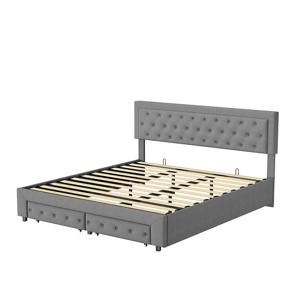 Lit coffre 160x200 avec 2 tiroirs, Lit rembourré avec sommier à lattes, tissu en velours et décoration de boutons, gris>Generique Clearance