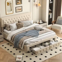 Lit coffre 160x200 avec 2 tiroirs, Lit rembourré avec sommier à lattes, tissu en velours et décoration de boutons, beige>Generique Sale
