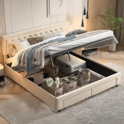 Lit coffre 160x200 avec 2 tiroirs, Lit rembourré avec sommier à lattes, tissu en velours et décoration de boutons, beige><noscript><img width=