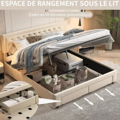 Lit coffre 160x200 avec 2 tiroirs, Lit rembourré avec sommier à lattes, tissu en velours et décoration de boutons, beige><noscript><img width=