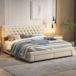 Lit coffre 160x200 avec 2 tiroirs, Lit rembourré avec sommier à lattes, tissu en velours et décoration de boutons, beige><noscript><img width=
