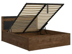 Pegane Lit coffre 140x200 avec cadre sommier et rangement,,coloris Chêne foncé/Noir mat - L. 205,5 x P. 149,5 x H. 41-96,5 cm* Lit Coffre