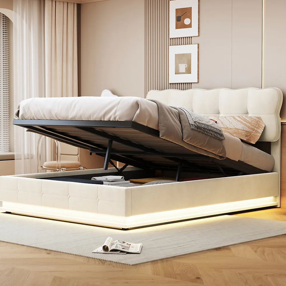Lit Coffre 160x200 avec éclairage LED, Lit capitonné avec Sommier à Lattes, Velours, Beige>Simple Life Sale