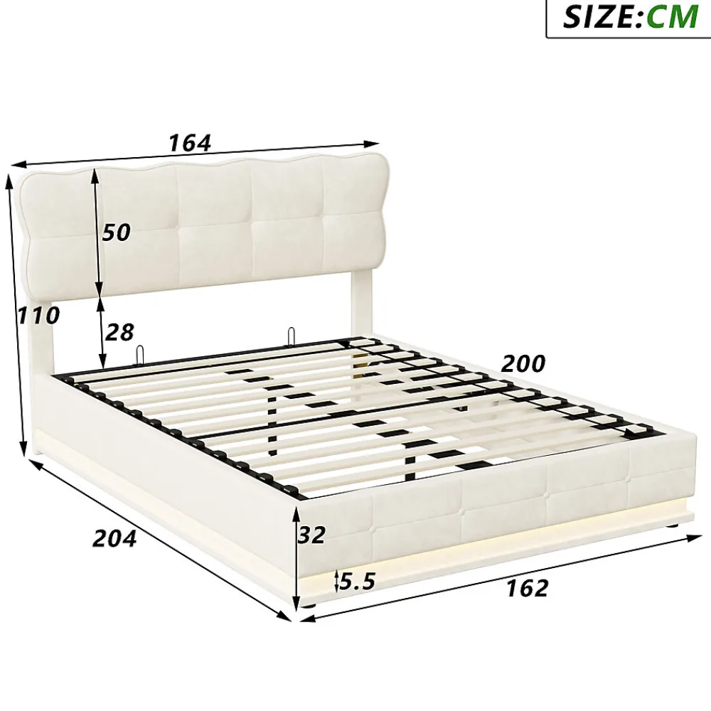 Lit Coffre 160x200 avec éclairage LED, Lit capitonné avec Sommier à Lattes, Velours, Beige>Simple Life Sale
