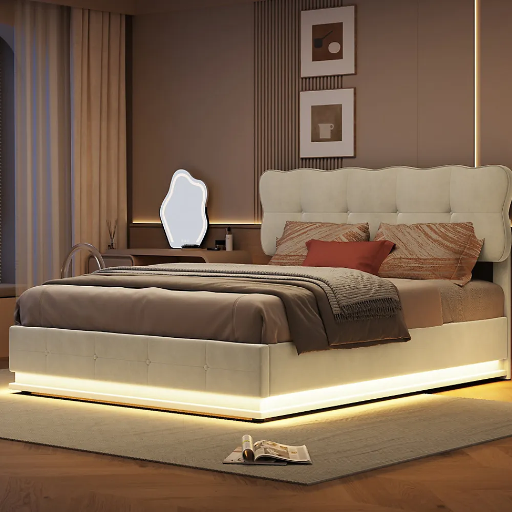 Lit Coffre 160x200 avec éclairage LED, Lit capitonné avec Sommier à Lattes, Velours, Beige>Simple Life Sale
