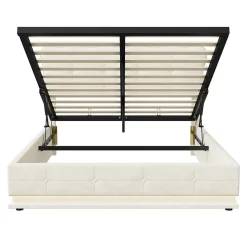 Lit Coffre 160x200 avec éclairage LED, Lit capitonné avec Sommier à Lattes, Velours, Beige><noscript><img width=