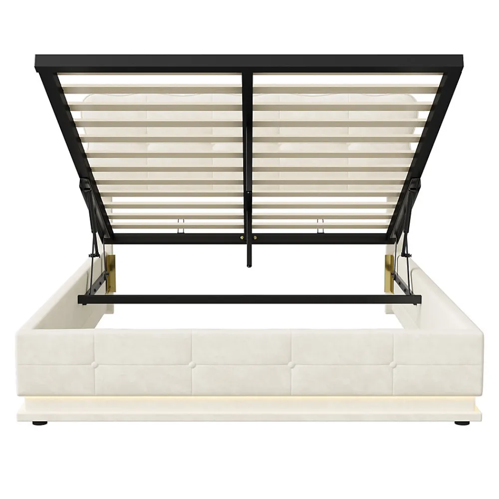Lit Coffre 160x200 avec éclairage LED, Lit capitonné avec Sommier à Lattes, Velours, Beige>Simple Life Sale