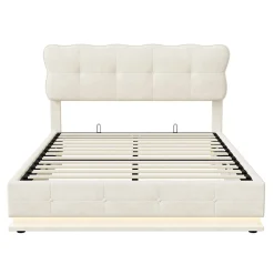 Lit Coffre 160x200 avec éclairage LED, Lit capitonné avec Sommier à Lattes, Velours, Beige><noscript><img width=