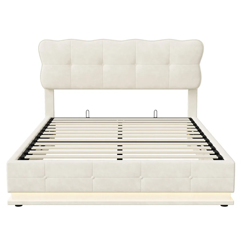 Lit Coffre 160x200 avec éclairage LED, Lit capitonné avec Sommier à Lattes, Velours, Beige>Simple Life Sale