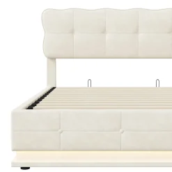 Lit Coffre 160x200 avec éclairage LED, Lit capitonné avec Sommier à Lattes, Velours, Beige><noscript><img width=