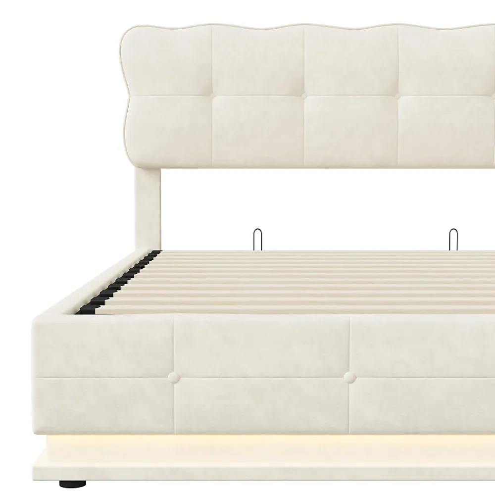 Lit Coffre 160x200 avec éclairage LED, Lit capitonné avec Sommier à Lattes, Velours, Beige>Simple Life Sale