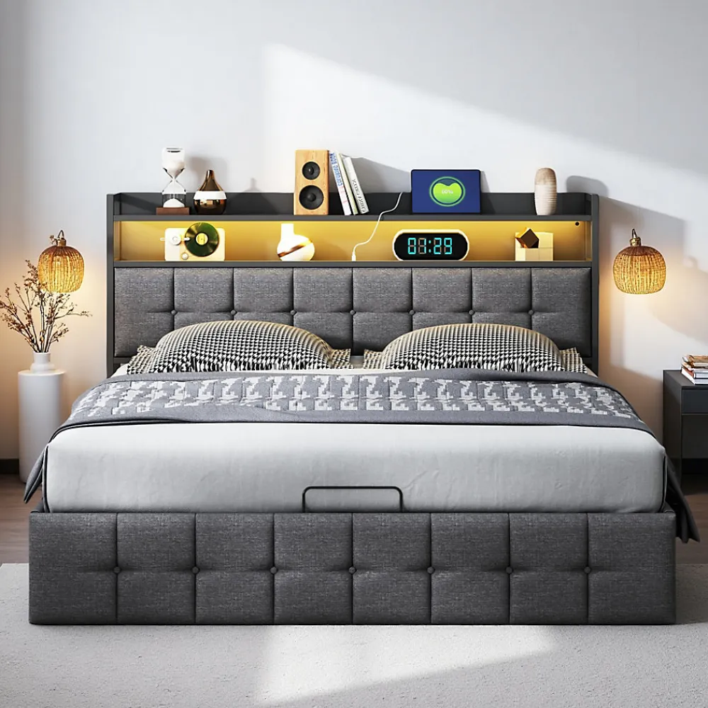 Lit Coffre 160x200 avec Rangement, LED, Sommier à Lattes, Prises USB/Type-C, Lit Double en Lin, Gris>ProximaX Clearance