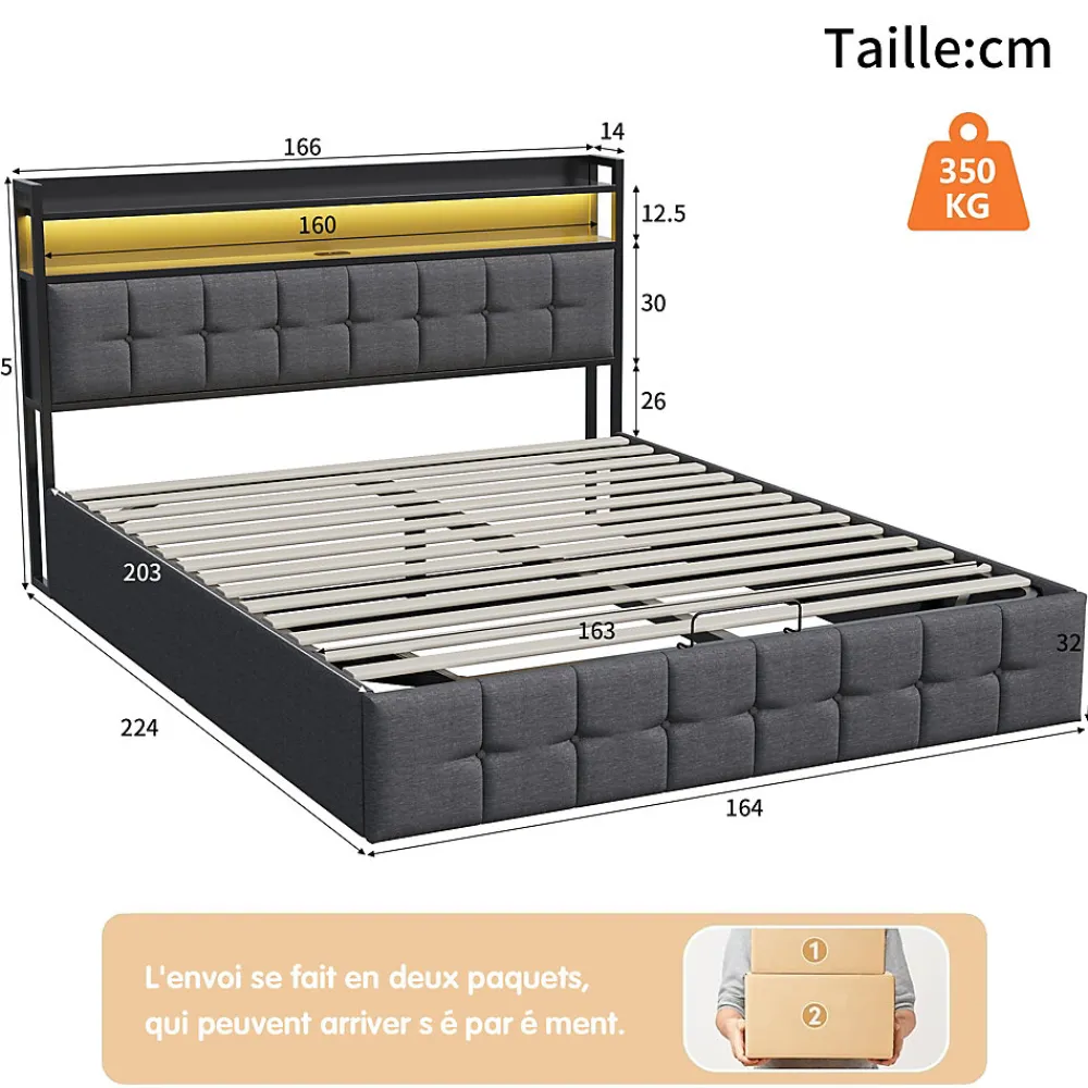 Lit Coffre 160x200 avec Rangement, LED, Sommier à Lattes, Prises USB/Type-C, Lit Double en Lin, Gris>ProximaX Clearance