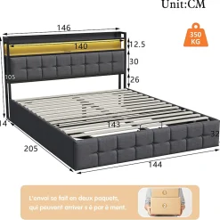 Lit Coffre 140x200 avec Rangement et éclairage LED, Sommier à Lattes, Lit Double avec USB et Type-C, Lit 2 Personnes, Lin, Gris><noscript><img width=