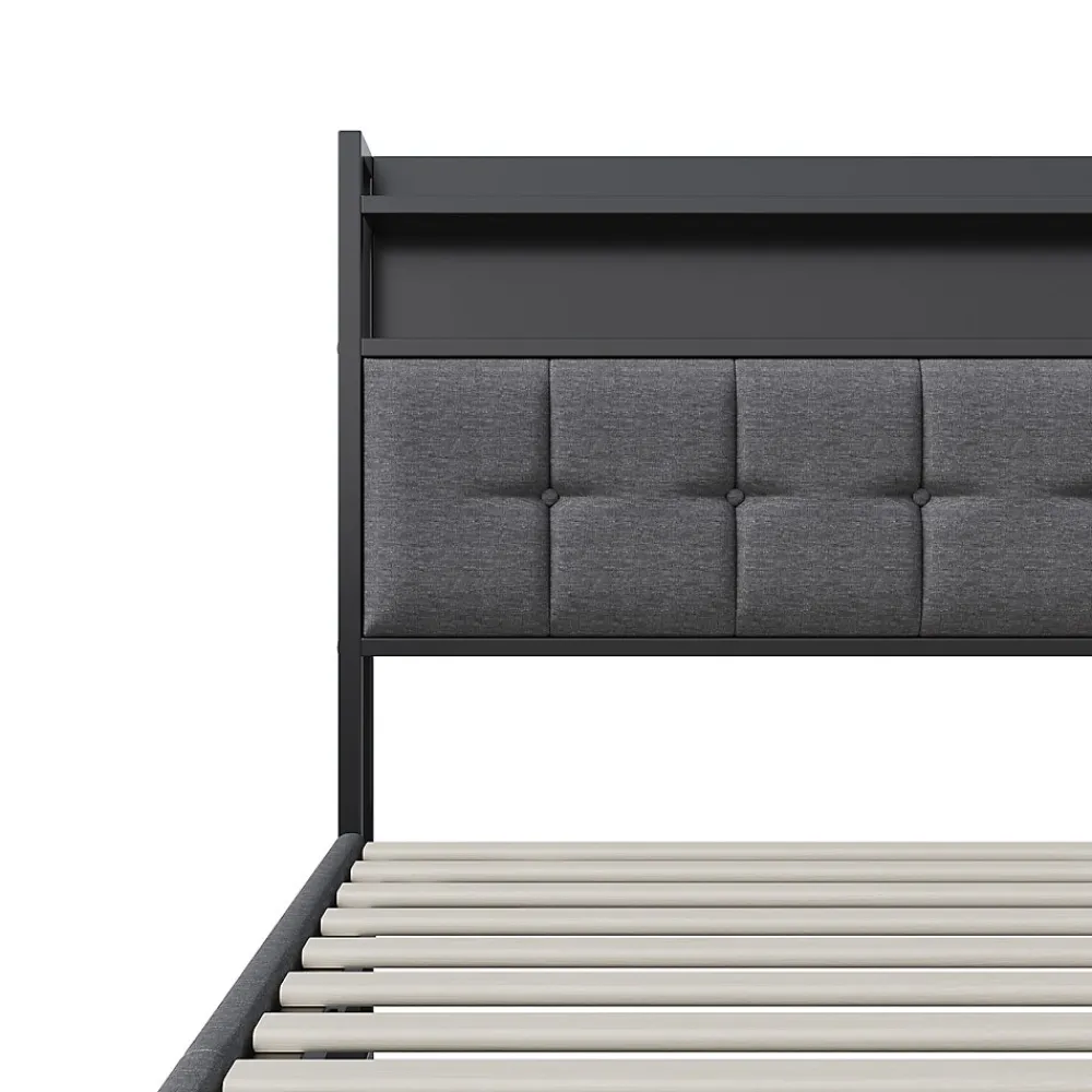 Lit Coffre 140x200 avec Rangement et éclairage LED, Sommier à Lattes, Lit Double avec USB et Type-C, Lit 2 Personnes, Lin, Gris>Simple Life New