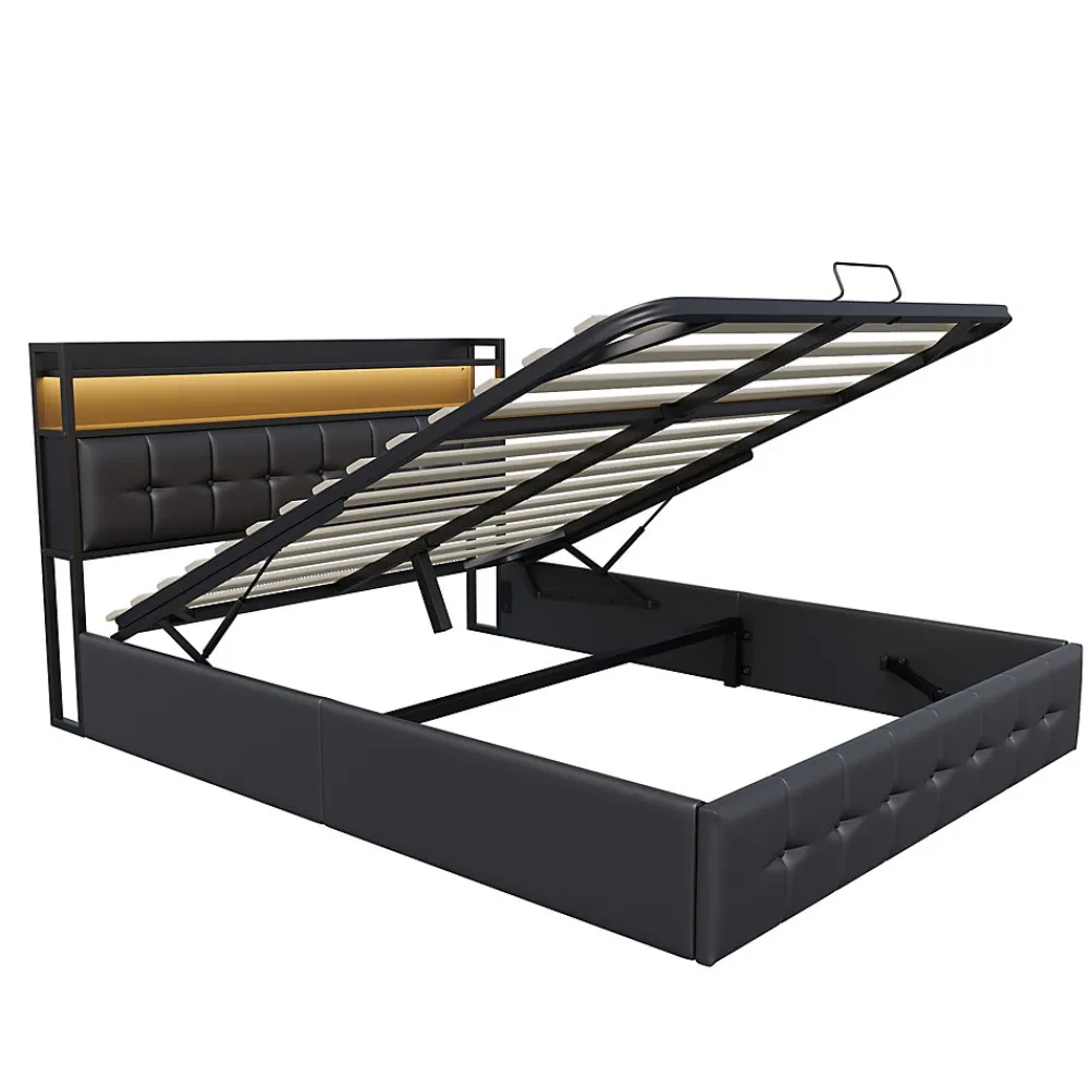 Lit Coffre 160x200 avec Rangement et éclairage LED, Lit 160x200 avec Sommier à Lattes,USB et Type-C,PU, Noir>Fortuna lai Clearance