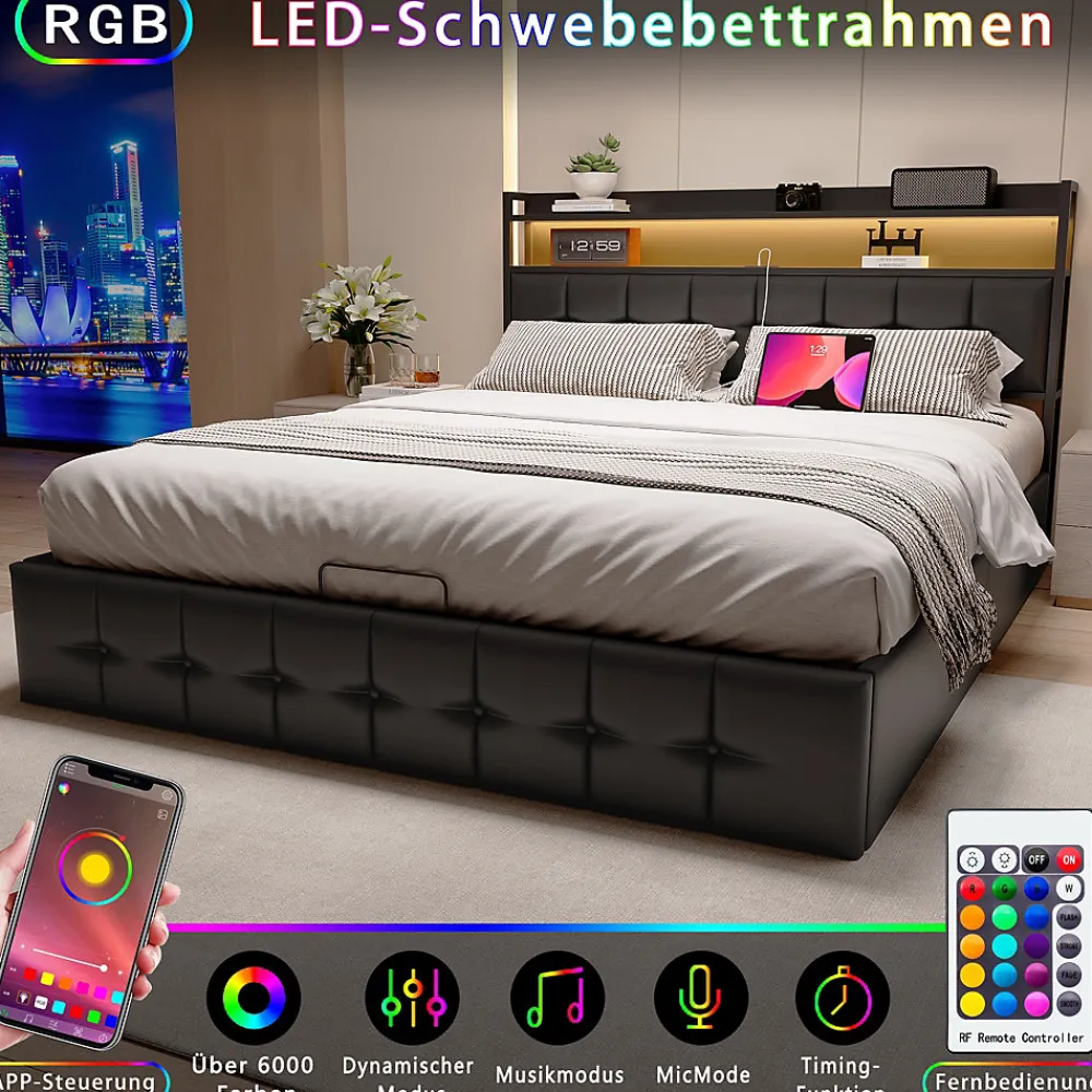 Lit Coffre 160x200 avec Rangement et éclairage LED, Lit 160x200 avec Sommier à Lattes,USB et Type-C,PU, Noir>Fortuna lai Clearance