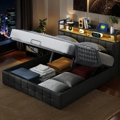 Lit Coffre 160x200 avec Rangement et éclairage LED, Lit 160x200 avec Sommier à Lattes,USB et Type-C,PU, Noir><noscript><img width=