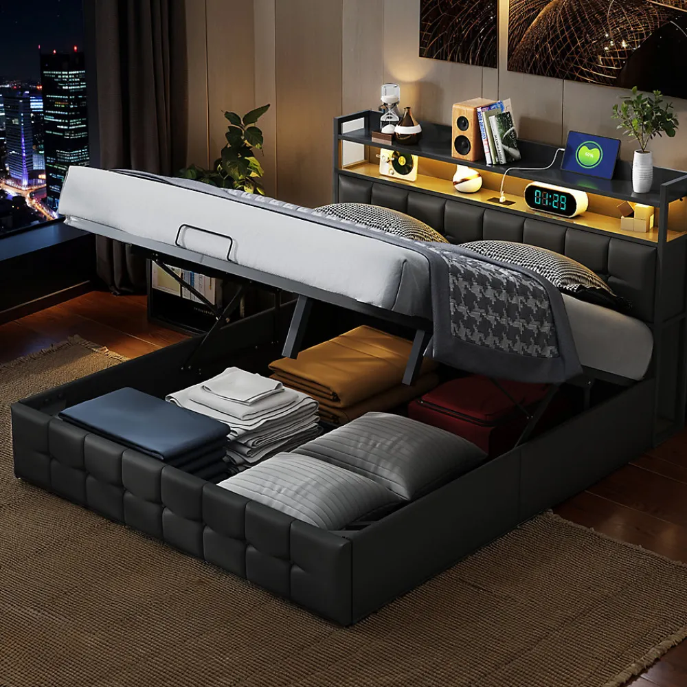 Lit Coffre 160x200 avec Rangement et éclairage LED, Lit 160x200 avec Sommier à Lattes,USB et Type-C,PU, Noir>Fortuna lai Clearance